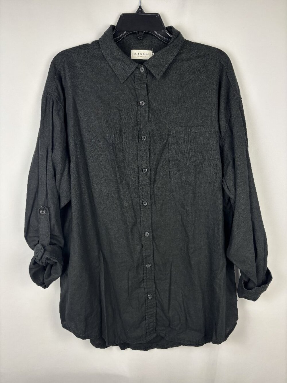Medium Risen Linen Button Up Shirt Long Sleeve Collared Chest Pocket Relaxed Top
